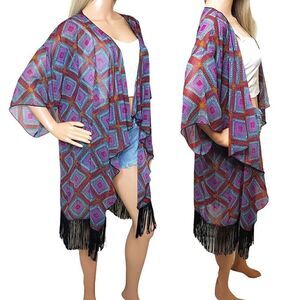 LulaRoe Boho Purple & Black Patterned Kimono Shawl with Fringes